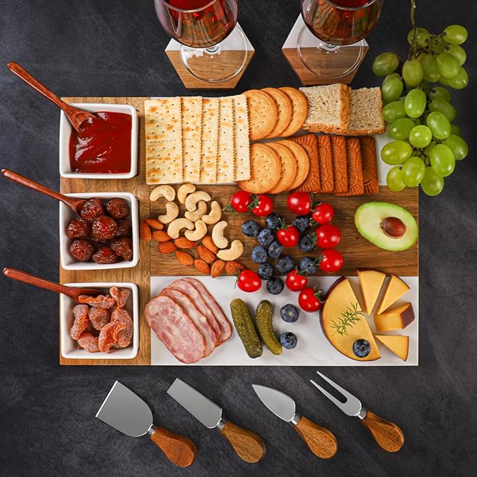 Charcuterie Board Set, Marble Cheese Boards, 15.74“ Wood - Marble Cheese Board Set for Couples 2025, Bridal Shower, Housewarming Gifts New Home, Gifts for Women