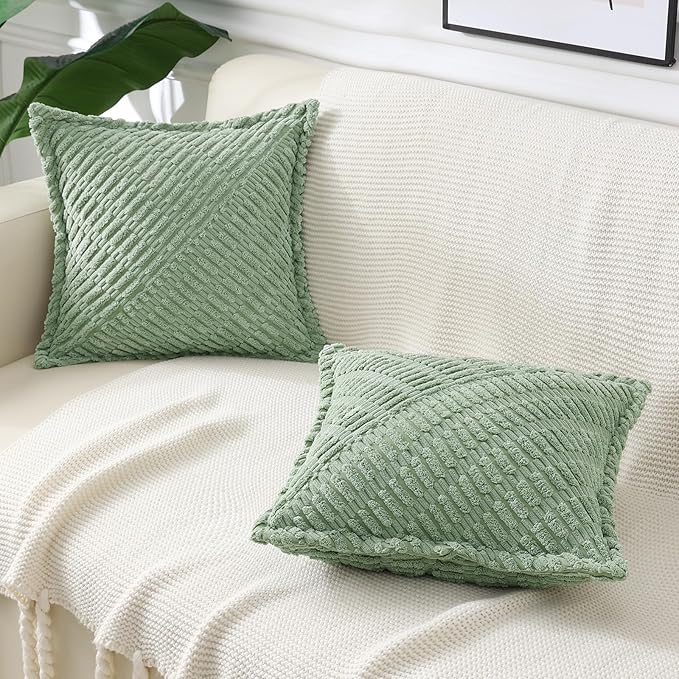 decorUhome Decorative Sage Green Throw Pillow Covers 24x24 Set of 2 with Splicing, Boho Soft Neutral Corduroy Broadside Twill Pillow Covers for Couch Bed Sofa Living Room