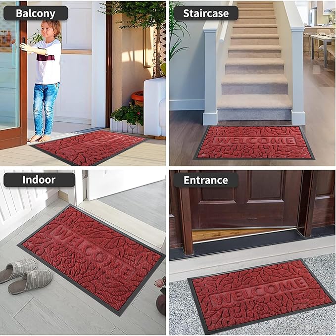 Yimobra Welcome Mat Outdoor 29.5x17, Waterproof Non-Slip Outdoor Mats for Front Door Outside Entrance, Low-Profile Entryway Mat Indoor for Garage Patio, Wine Red