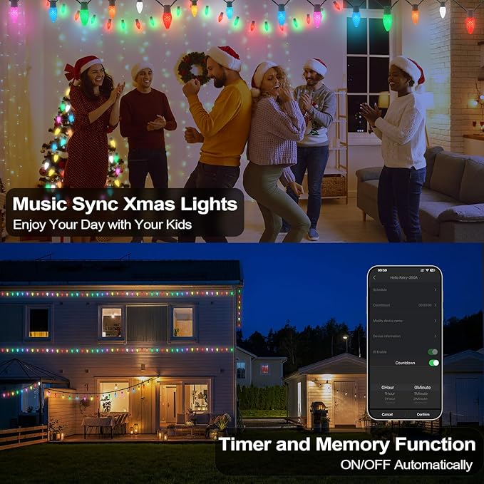 Christmas Outdoor Lights C9 33FT 50 LEDs, Smart APP Remote Control RGB String Lights Plug in, DIY Chasing Xmas Lights, Color Changing with Timer & Music Sync for Holiday Xmas Tree Decoration