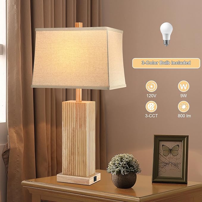 27.5" Wood Table Lamp, Modern Farmhouse Bedroom Lamp for Nightstand with USB Charging Port, Natural Wooden Base Table Lamp for Living Room Bedroom, Bulb Included (Natural Wood)