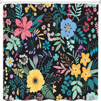 Boho Floral Shower Curtain, Colorful Flower Leaves Design for Bathroom Decor, Modern Rustic Country Wildflower Black Fabric Shower Curtains Set with Hooks, 72x72 Inches