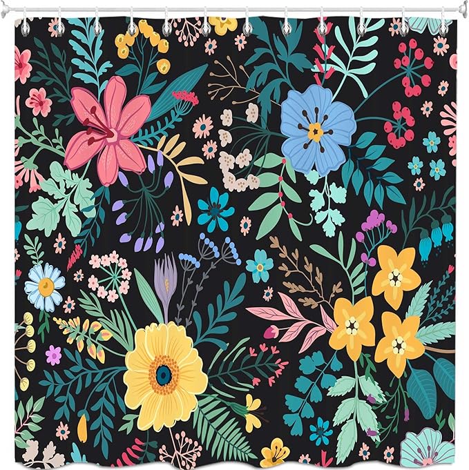 Boho Floral Shower Curtain, Colorful Flower Leaves Design for Bathroom Decor, Modern Rustic Country Wildflower Black Fabric Shower Curtains Set with Hooks, 72x72 Inches