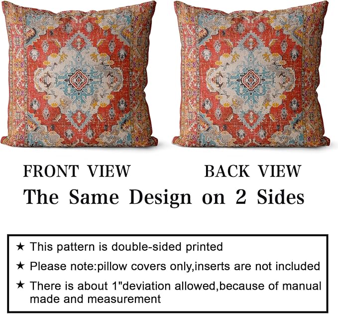 Snycler Boho Throw Pillow Covers 18x18 inch Set of 2 Boho Rug Carpet Double Sided Pattern Cotton Soft Pillow Case Cushion Cover Pillowcase for Couch Sofa Bed Decorative (Orange)