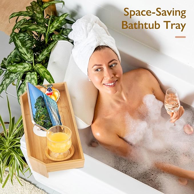 Bamboo Hot Tub Tray with Phone Slot Waterproof Bath Tub Tray Wood Non-Slip Side Table & Beverage Holder for Hot Tubs & Bathtubs for Drinks and Essentials Relaxation Caddy for Your Spa Time