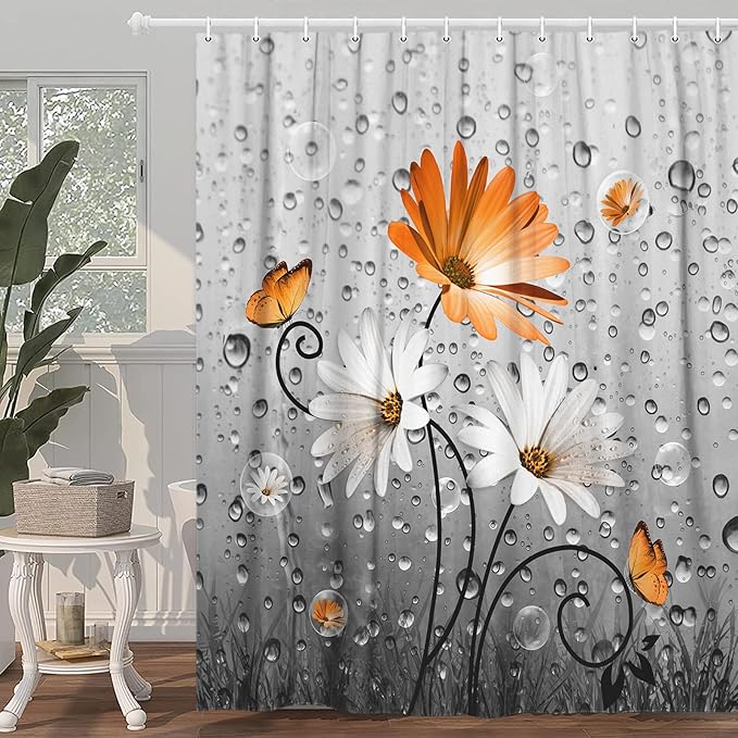 Rustic Farmhouse Orange Floral Shower Curtain, Farm Fall Daisy Flowers and Butterfly Bathroom Curtain, Country Yellow Red Gray Fabric Boho Shower Curtains with 12PCS Hooks, 70X70IN