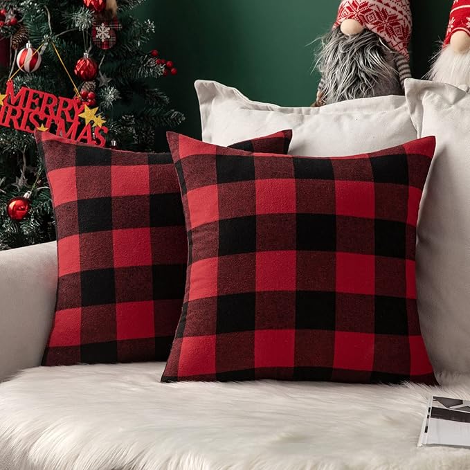MIULEE Pack of 2 Christmas Classic Farmhouse Buffalo Check Plaids Polyester Soft Solid Black and Red Decorative Porch Throw Pillow Covers Home Decor Cushion Case for Sofa Bedroom Outdoor 16 x 16 Inch