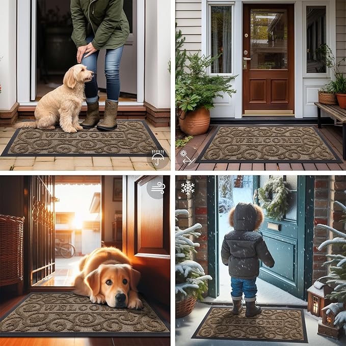Smiry Welcome Door Mat Outside Entrance, Heavy Duty Trap Dirt and Moisture Easy Clean Low Profile Patio Porch Indoor Outdoor Front Doormat for Entry, 29.5x17 Inch, Brown/Welcome