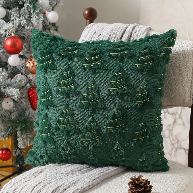 Christmas Pillow Covers 20x20 inch Set of 2 Soft Plush Faux Fur Christmas Decor Green Xmax Tree Yellow Colored Lights Decoration Throw Pillow Case for Winter Holiday Sofa Living Room PT003A20