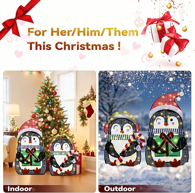 35In Christmas Lighted Penguins, Set of 2 Christmas Decorations Outdoor with 120 LED Lights,Xmas Pre-Lit Penguin Family Set,Light Up Decor with Stakes for Holiday, Yard, Lawn and Garden