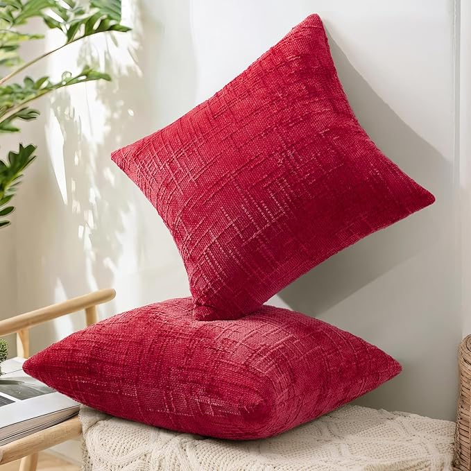 decorUhome Christmas Red Chenille Throw Pillow Covers 20x20 Set of 2 Thick Textured Slubby Couch Pillow Covers Farmhouse Accent Modern Neutral Decorative Pillow Cases for Bed Sofa Living Room