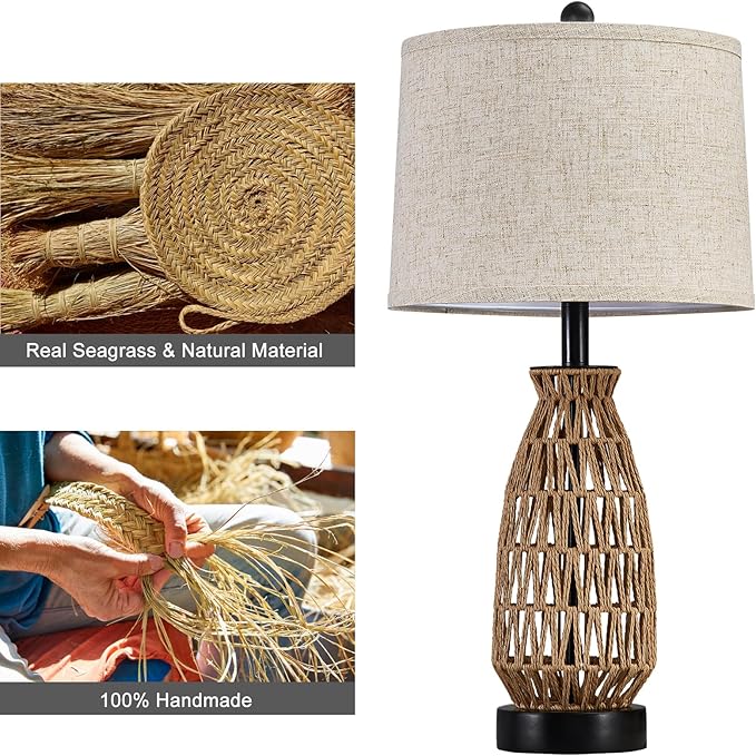 Boho Table Lamp Set of 2, 27" Handwoven Rattan Lamps with Fabric Shade, Bohemian Farmhouse Bedside Lamp Modern Wicker Lamps with Rotary Switch for Bedroom Living Room Nightstands Dorm Farmhouse Decor