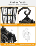 VIANIS Outdoor Wall Light, 16.9" Black Dusk to Dawn Outdoor Lighting with Gold Trim, Outside Light Fixtures Wall Mount with Tempered Water Ripple Glass for Patio, Entryway, Waterproof Anti-Rust