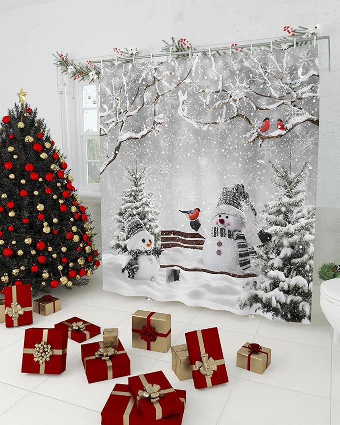 Vandarllin Winter Christmas Shower Curtain, Cute Snowman Cardinals Shower Curtains Set with Hooks, GreySnowy Pine Forest Waterproof Fabric Bathroom Curtains Decor Home Accessories,72 X 78 Inch Long