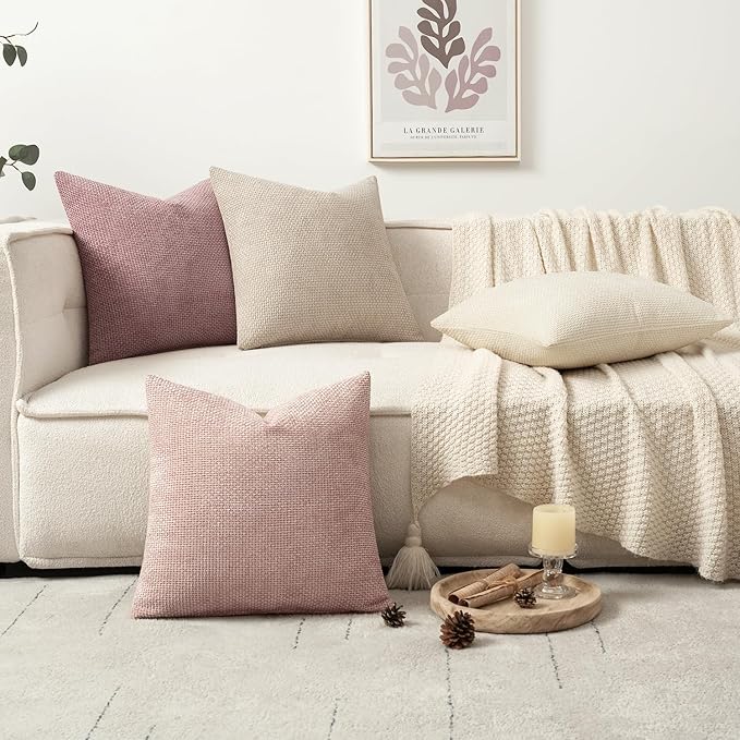 MIULEE Pack of 4 Couch Throw Pillow Covers 18x18 Inch Neutral Pink Cute Decorative Chenille Pillow Covers Farmhouse Boho Accent Cushion Covers for Coquette Room Decor Spring Sofa Bedroom Living Room