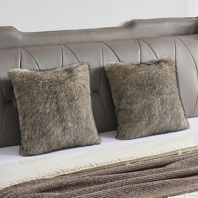 FUTEI Gray Green Decorative Throw Pillow Covers 18x18 Inch Set of 2,Soft Faux Raccoon Fur Textured Cushion Case,Modern Home Luxurious Decor for Couch Bed Living Room