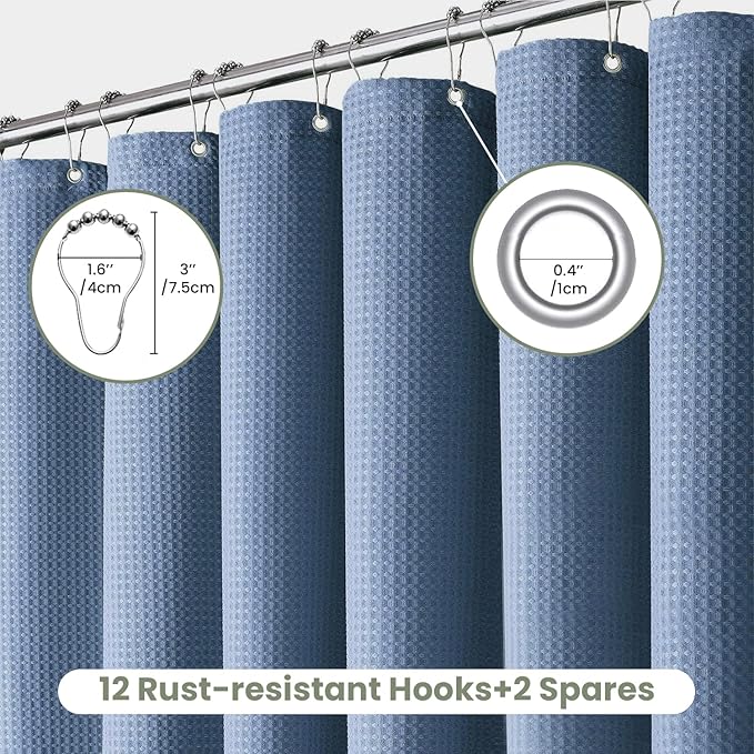 Inhousolu Fabric Shower Curtain Waffle Weave, Moonlight Blue 230 GSM Heavy Duty, Weighted Hem, 14 Metal Hooks, Water Repellent, Machine Washable, Hotel Spa Luxury Bath Curtain Set, 72 x 84 Inch
