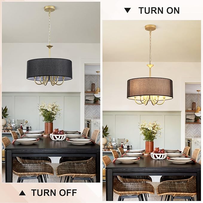 Gold Drum Chandeliers for Dining Room, 6-Light Black Farmhouse Chandelier Linen Light Fixture, 18'' Brass Round Chandelier Hanging Pendant Light for Bedroom Living Room Kitchen Foyer