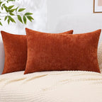 decorUhome Chenille Rust Fall Throw Pillow Covers 12x20 Inch Set of 2, Decorative Soft Couch Pillow Covers Solid Dyed Accent Velvet Farmhouse Neutral Rectangle Pillow Cases for Sofa Bed Living Room