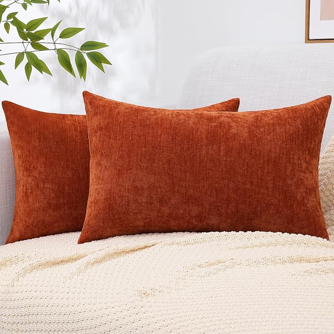 decorUhome Chenille Rust Fall Throw Pillow Covers 12x20 Inch Set of 2, Decorative Soft Couch Pillow Covers Solid Dyed Accent Velvet Farmhouse Neutral Rectangle Pillow Cases for Sofa Bed Living Room