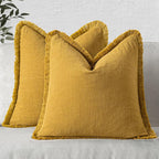 MIULEE Decorative Throw Pillow Covers Neutral Linen Fringe Throw Pillows Euro Shams Set of 2 Mustard Yellow Boho Farmhouse Cushion Covers for Couch Sofa Bed Living Room Spring Home Decor 24x24 Inch
