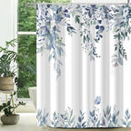 Eucalyptus Shower Curtain, Blue Watercolor Leaves with Floral Botanical Bathroom Decor, Waterproof Fabric Bath Curtain Set with Hooks, 72x84 Inches