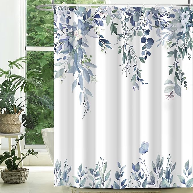 Eucalyptus Shower Curtain, Blue Watercolor Leaves with Floral Botanical Bathroom Decor, Waterproof Fabric Bath Curtain Set with Hooks, 72x84 Inches