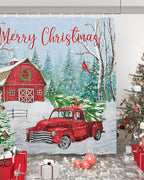 Vandarllin Red Truck Christmas Shower Curtain, Merry Christmas Farmhouse Shower Curtains Set with Hooks, Winter Xmas Tree Waterproof Fabric Bathroom Curtains Decor Home Accessories,72 X 72 Inch Long