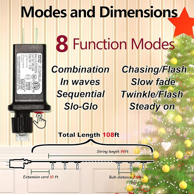 ILLUMINEW 300 Led Red String Lights Outdoor Waterproof Christmas Decorations, 108 Ft Fairy Lights for Bedroom, 8 Modes Plug in Christmas Lights for Outside Room Decor