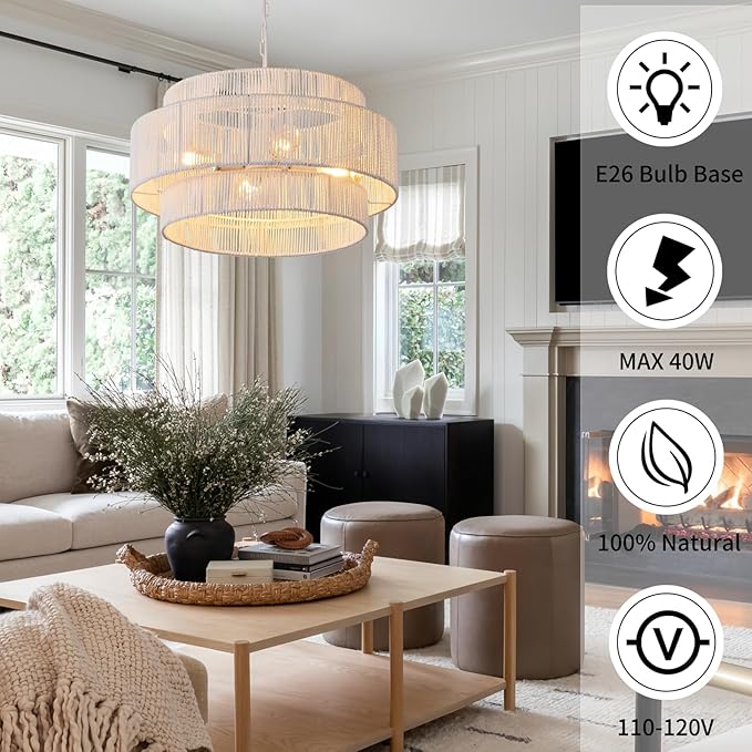 3-Tier Large Rattan Chandelier, 22.8in White Boho Coastal Pendant Lights, Woven Hemp Rope Hanging Ceiling Lights, Wicker Lighting Fixture for Kitchen Island, Dining Room, Living Room