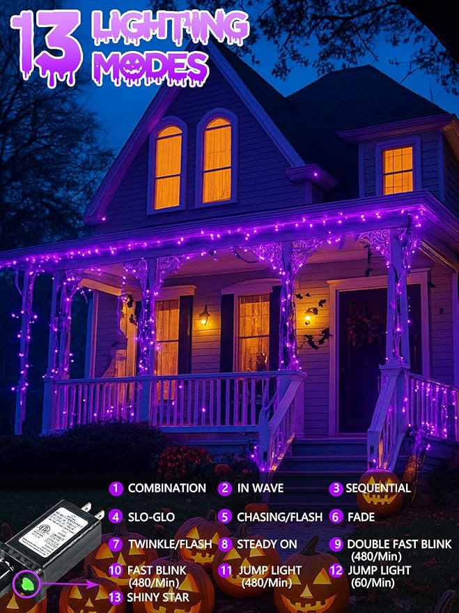 2-Pack 200 LED Extendable Halloween Lights, 66FT Purple Halloween Decorations String Lights Outdoor Indoor Tree Lights, 13 Modes Plug in Mini Fairy Lights Waterproof with Timer and Memory Function