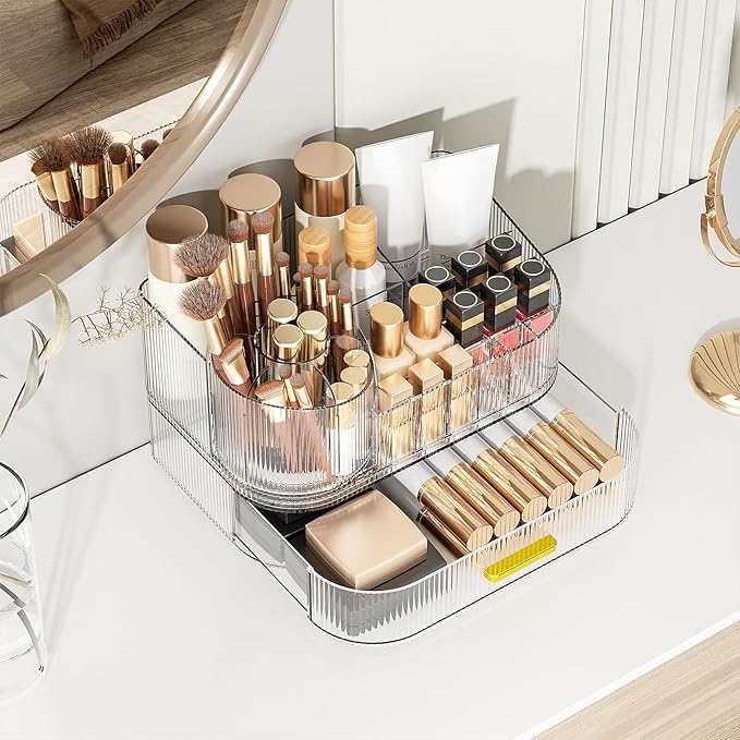 Delamu Makeup Organizer for Vanity with Stackable Drawers, 360 Rotating Makeup Brush Holder Large Cosmetic Display Case for Dresser, Bathroom Countertop Skincare Organizers and Storage, Crystal Clear