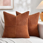 Fancy Homi 2 Packs Rust Euro Decorative Throw Pillow Covers 28x28 Inch for Bedroom Bed, Farmhouse Boho Home Decor, Soft Corss Corduroy Patchwork Textured Square Terracotta Cushion Case 71x71 cm