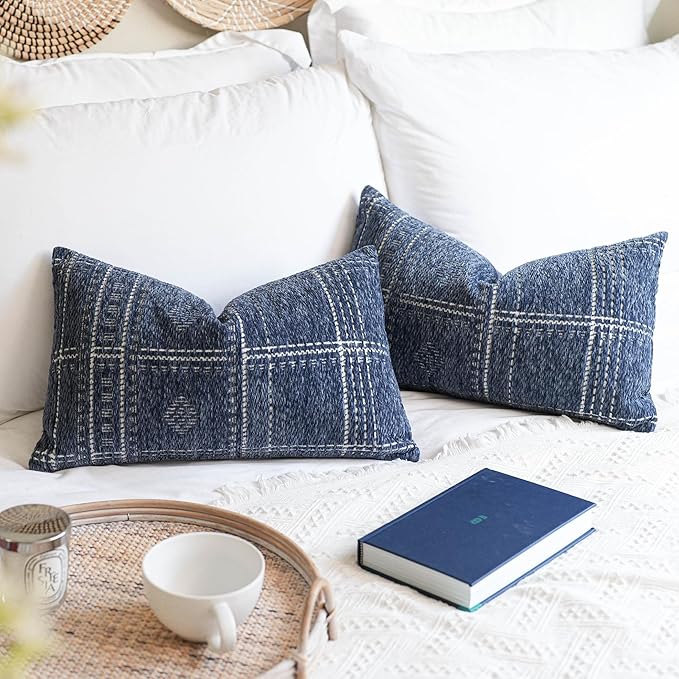 BlissBlush Dark Blue Decorative Lumbar Throw Pillow Covers 12X20, Set of 2, Boho Farmhouse Cushion Cover, Soft Accent Pillowcase for Couch Sofa Bed Living Room Home Décor