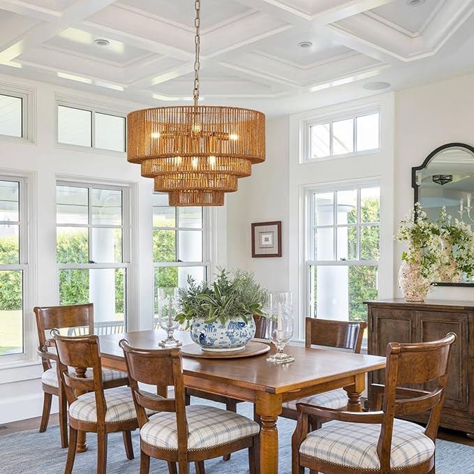 19.7" Hand-Woven Rattan Chandelier Vintage Farmhouse 6-Lights Boho Bamboo Chandeliers Light Fixture Retro Drum Wicker Rattan Golden Chandelier for Dining Room, Kitchen Island, Bedroom, E12