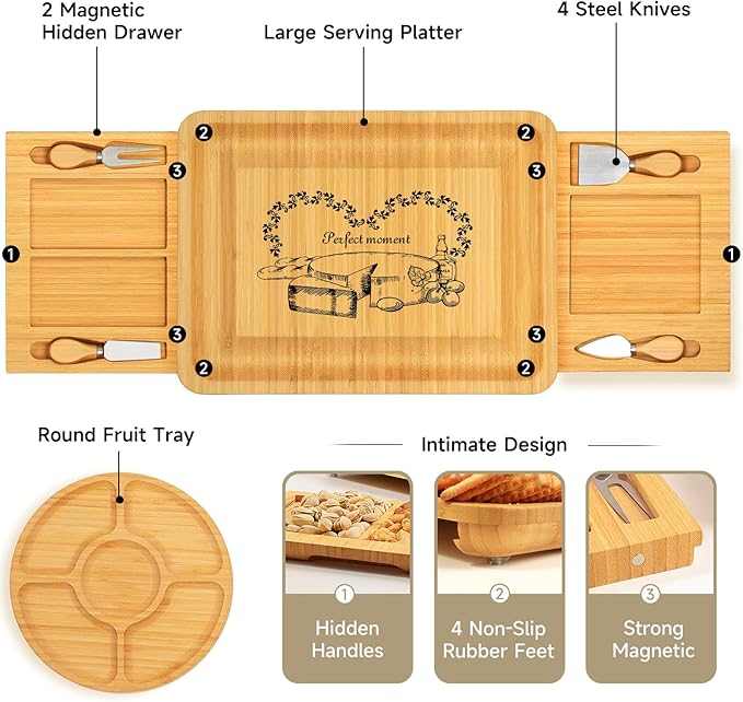 Bamboo Cheese Board Set with Marble, Large Charcuterie Boards and Knife Set, Cheese Platter with 2 Drawers, Include Round Fruit and Meat Cutting Board, Housewarming Gift