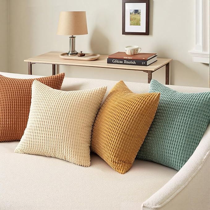 MIULEE Boho Farmhouse Decorative Pillow Covers 16x16 Inch Set of 4 Rustic Modern Fall Home Decor Couch Home Decor Couch Throw Pillows Summer Corduroy Pillowcases for Sofa Living Room Bed Orange/Teal
