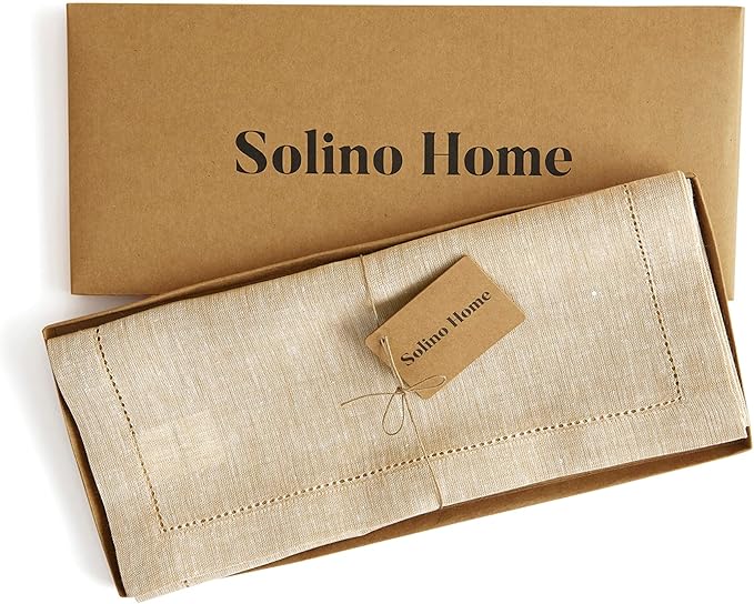 Solino Home Linen Table Runner 60 Inches - 100% Pure Linen Champagne Beige Hemstitch Table Runner 14 x 60 Inch Ideal for Dresser and Coffee Tables - Fall, Thanksgiving, Christmas, Holiday - Milan