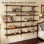 ROGMARS 60 Inch Long Wooden Floating Shelves with Rail, Adjustable Large Kitchen Wall Shelf for Living Room Bedroom Gym Storage,Garage Wall Shelving 6 Tier