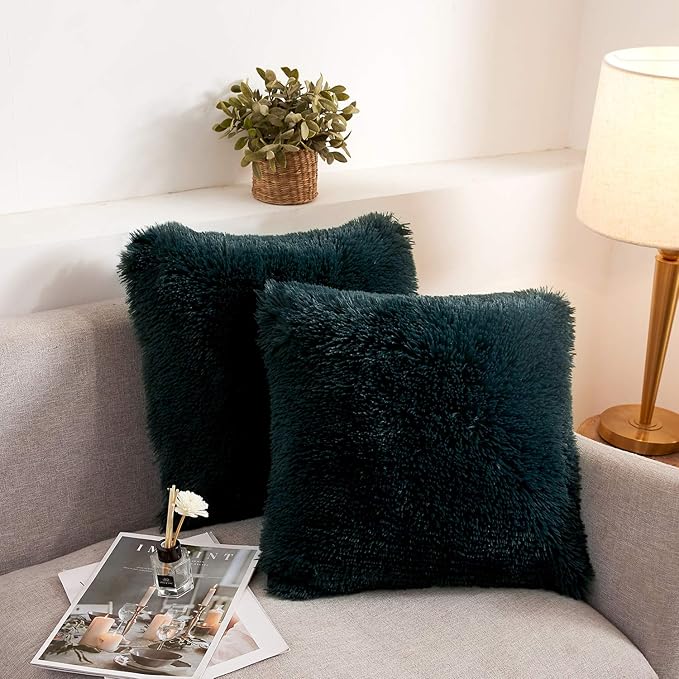 XeGe Faux Fur Throw Pillow Covers, Shaggy Fluffy Cushion Covers, Plush Furry Pillow Cases, Fuzzy Decorative Pillow Shams with Zipper Set of 2 for Sofa Bed Couch Living Room (18''x18'', Dark Green)