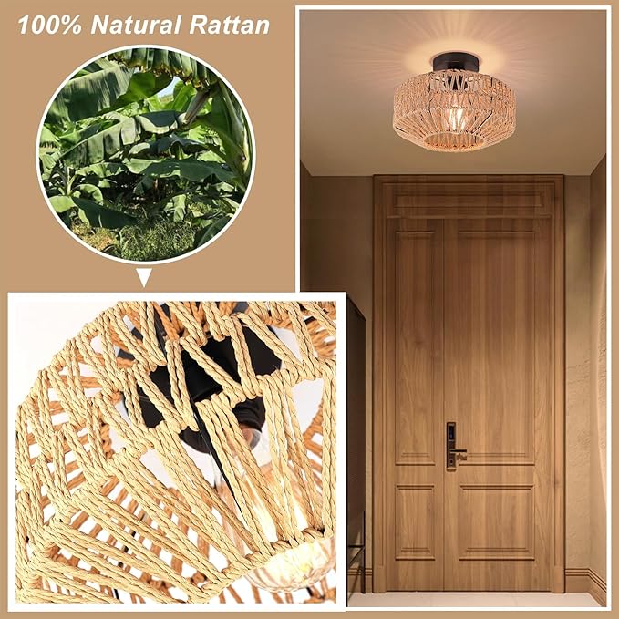 Boho Rattan Ceiling Light Fixture, Mini Rattan Chandelier Lighting Fixture, Hand Woven Ceiling Light Fixtures for Hallway Bedroom Kitchen Entryway Living Room