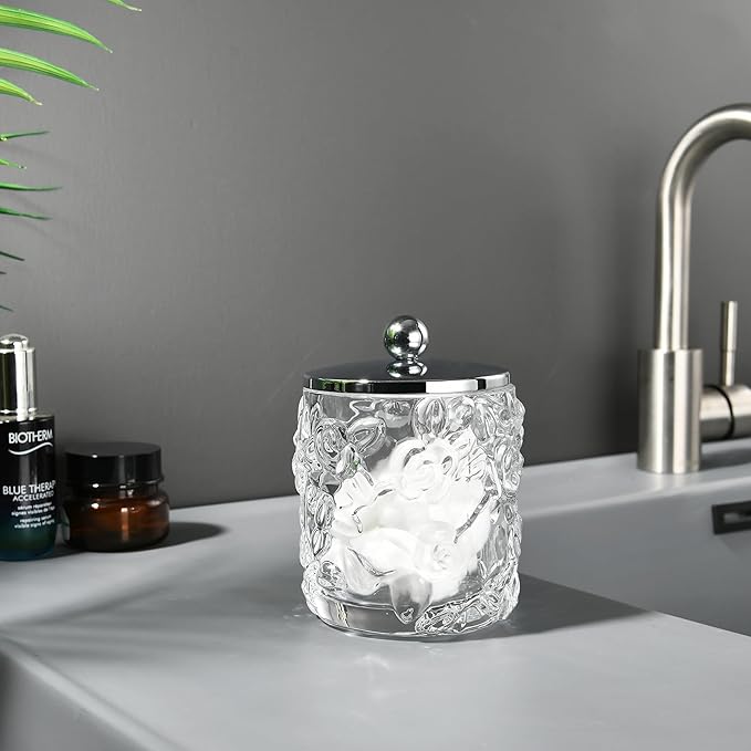 Home Glass Cotton Jar Holder Silver Lid, Elegant Bathroom Storage Canister for Qtips, Cotton Balls, Floss, Makeup Organizer, Vanity Bathroom Organization
