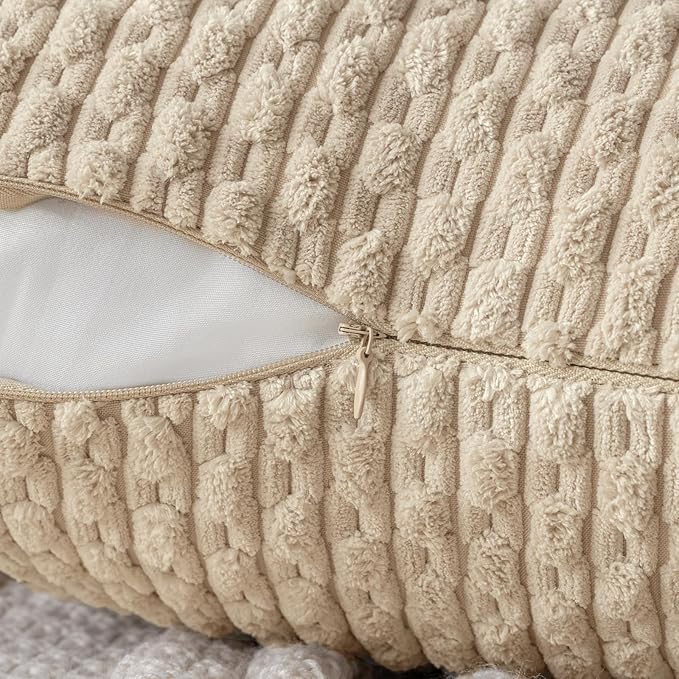 MIULEE Pack of 2 Decorative Throw Pillow Covers 20x20 Inch Soft Boho Striped Textured Corduroy Pillow Covers Modern Farmhouse Home Decor for Couch Bed Sofa Living Room Beige