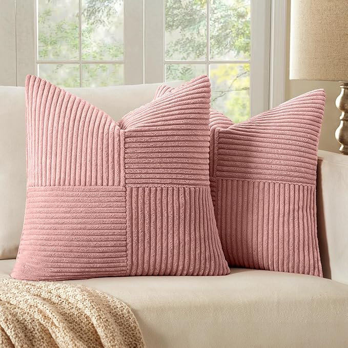 MIULEE Blush Pink Corduroy Pillow Covers Pack of 2 Boho Decorative Spliced Throw Pillow Covers Soft Solid Couch Pillowcases Patchwork Cushion Covers for Living Room Bed Sofa 16x16 inch Valentines Day