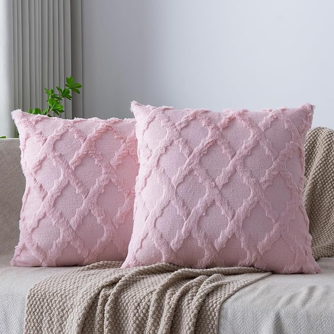 Set of 2 Soft Moroccan Throw Pillow Covers 18x18 Inch Plush Boho Decorative Pillow Cover Accent Cushion Case for Couch Sofa Bed, Light Pink