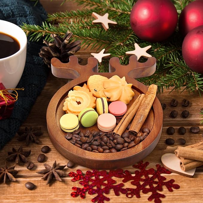 Small Acacia Wood Plates for Christmas Decorations Round Wooden Dessert Trays Cheese Charcuterie Board Mini Xmas Cookies Serving Platter Decorative Snack Appetizer Plates for Christmas Holiday Plate