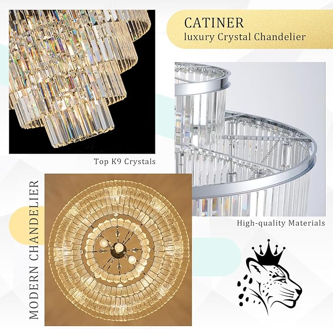 23 Lights Large Crystal Chandeliers 36" Modern Chrome Luxury Chandelier for Foyer Staircase Chandeliers 6 Tiers Round K9 Ceiling Pendant Lighting Fixture for Living Dining Room