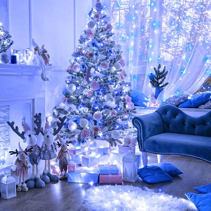 120 LED Blue White Christmas Lights Outdoor, 40ft Clear Wire Christmas Tree Lights 8 Modes, Plug in Waterproof Twinkle Fairy Lights for Indoor Christmas Bedroom Tree Decorations