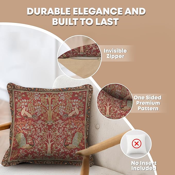 Charlotte Home Furnishings Decorative Pillow Covers for Couch 19x19 in, Tapestry Throw Pillow Cover for Living Room Bed Decor, Red Tree French Country Sofa Cushion Cases, Soft Cotton Jacquard Woven
