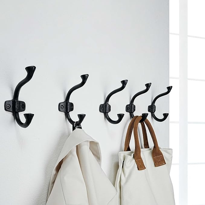 SKOLOO Heavy-Duty Black Wall Hooks Set - Farmhouse Style Cast Iron Hooks, Pack of 5 - Ideal for Backpack, Coat, and Towel Hooks - Perfect for Entryway, Mud Room, and Bathroom Storage